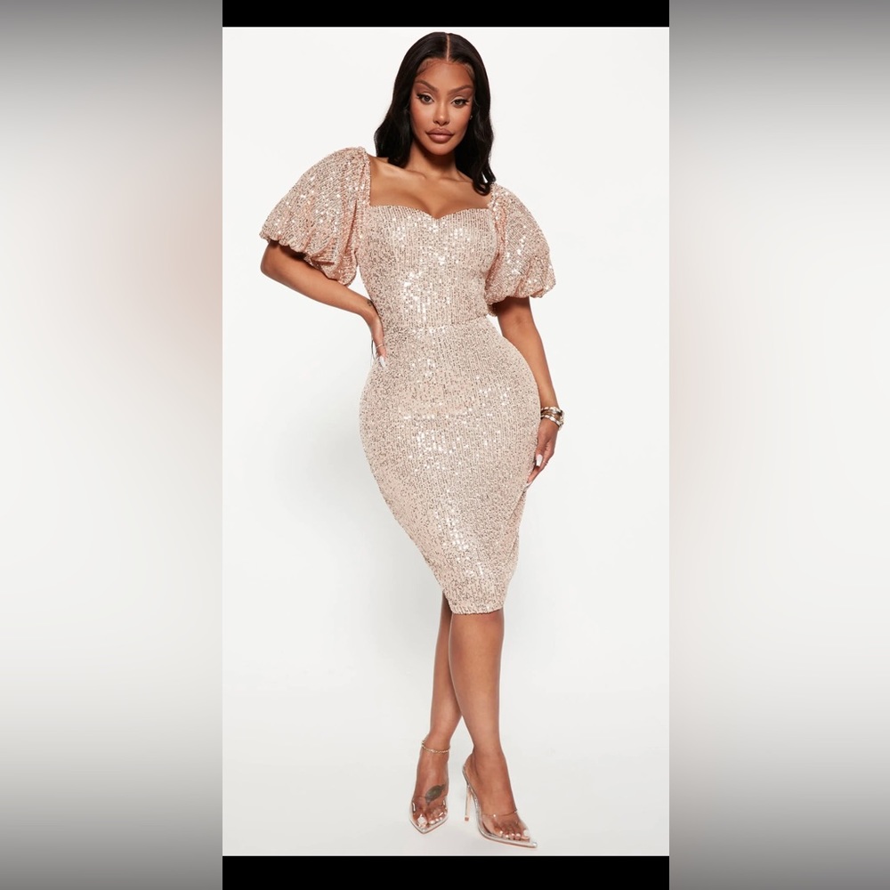 Fashion Nova Rose Gold Sequin Midi Dress